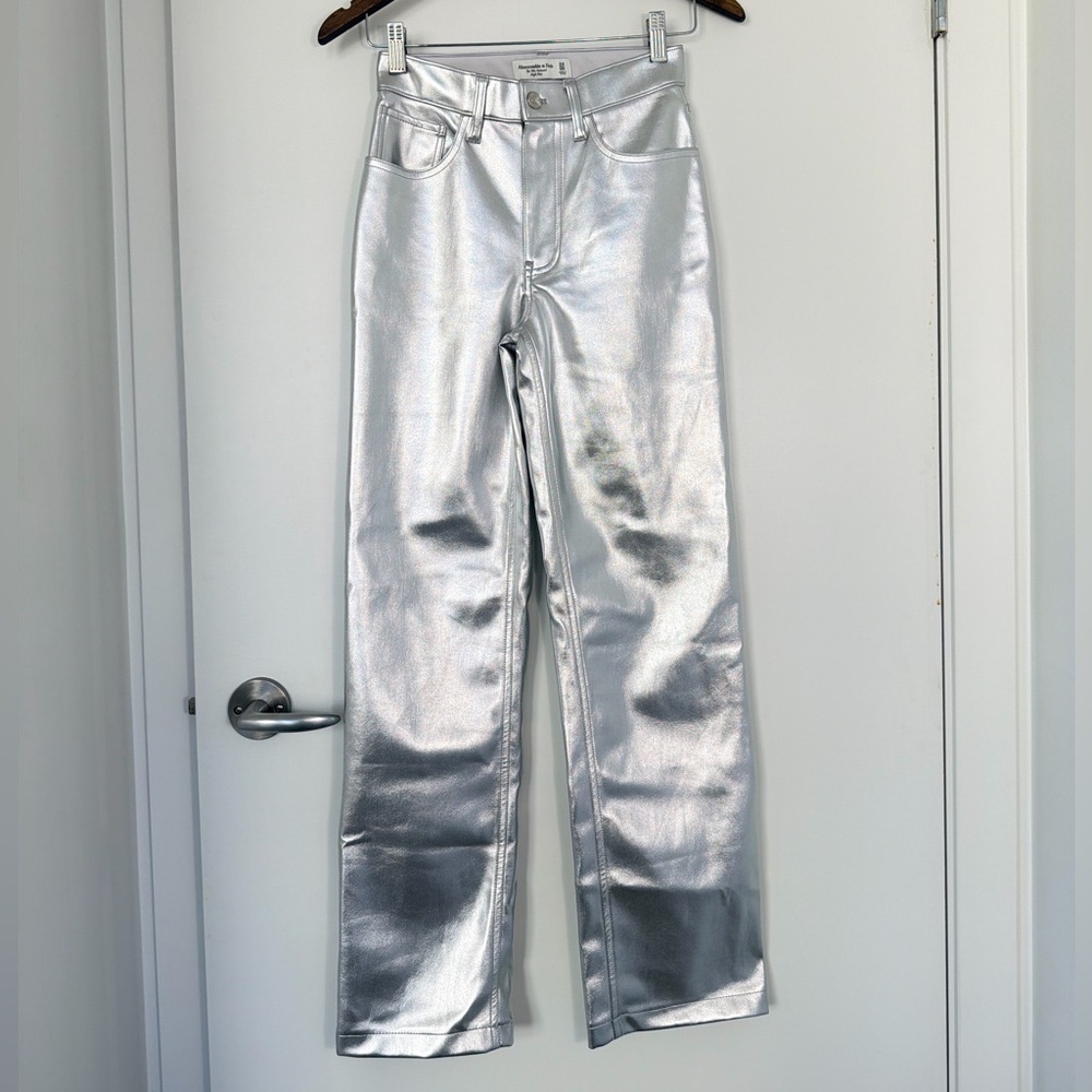 Abercrombie & Fitch Shimmering Silver High-Rise Pants-metalic silver
